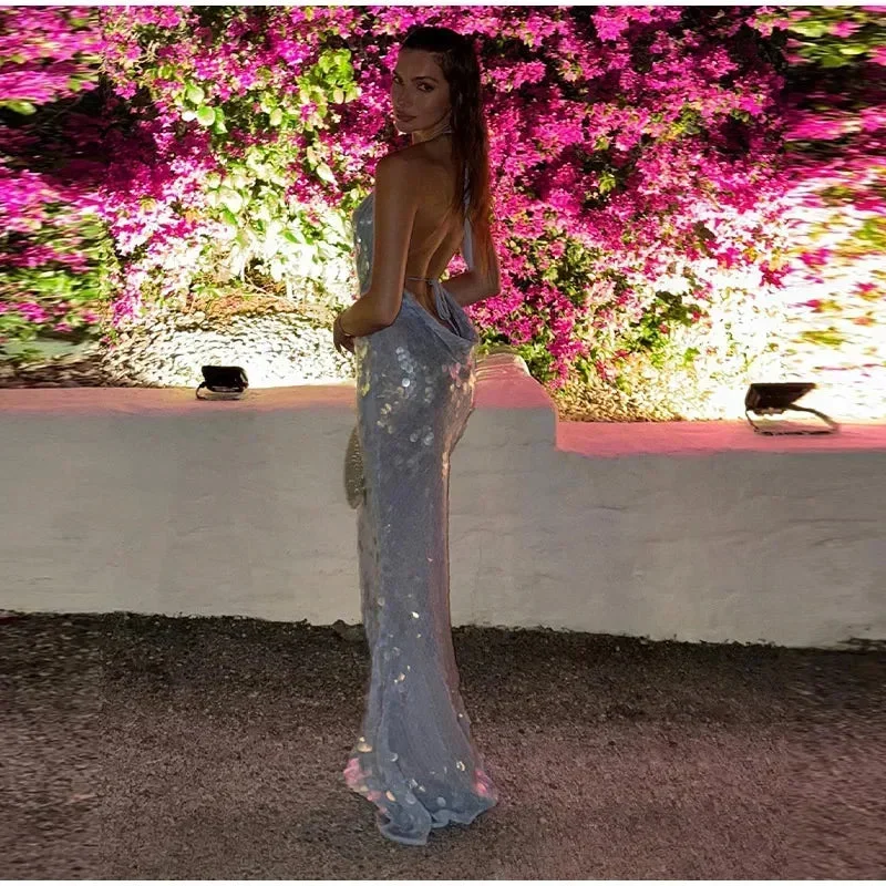 Elegant Light Blue Sequin Sheath Mermaid Evening Dress Halter Party Dress Y8712