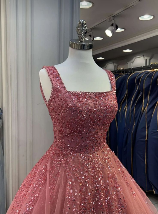 Charming Square Tulle Sequin Beaded Ball Gown Pink Birthday Quinceanera Dress Sweet 16 Dress SP2203