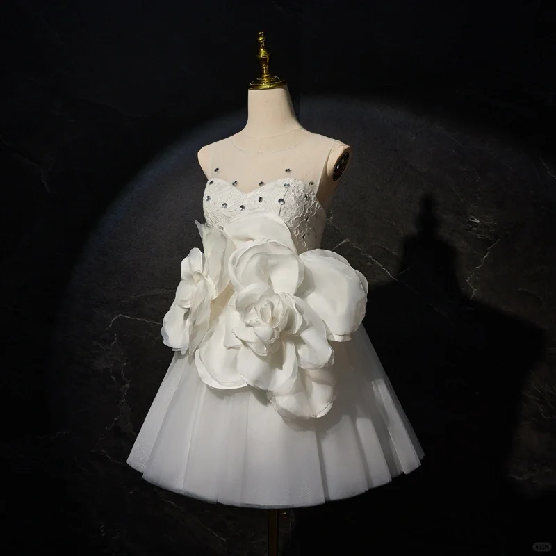 Sweet White Tulle Flowers A Line Formal Birthday Outfits Short Homecoming Dress Y9533