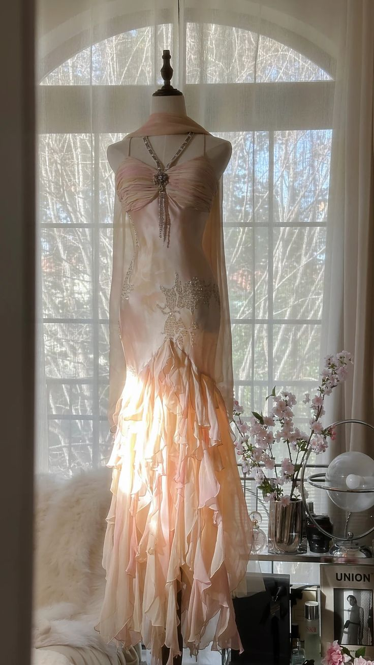 Sweet Mermaid Beaded Ruffles Long Prom Dress,Spaghetti Straps Chiffon Evening Dress Y8757