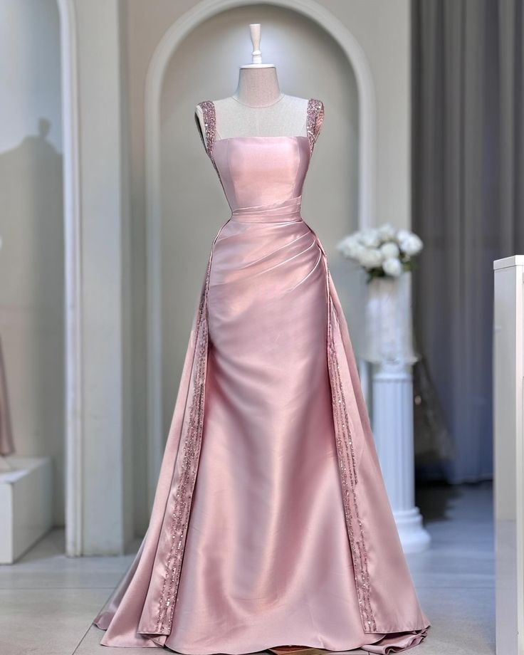 Stylish Square Neck Pink Satin Beaded Mermaid Evening Dress Long Wedding Guest Dress SP1014