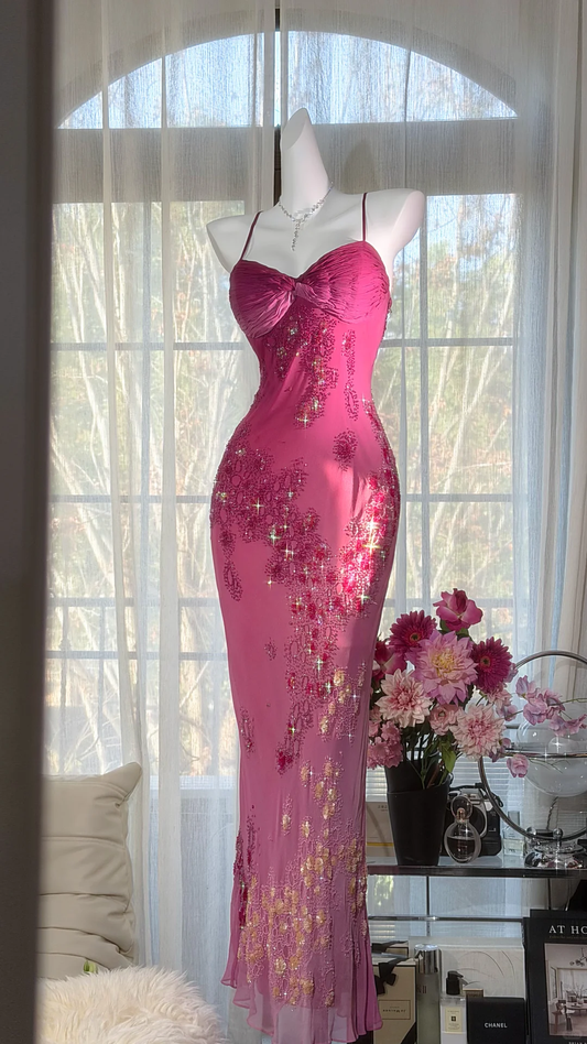 Gorgeous Spaghetti Straps Ombre Pink Sequin Beaded Mermaid Long Party Dress Evening Dress SP2181
