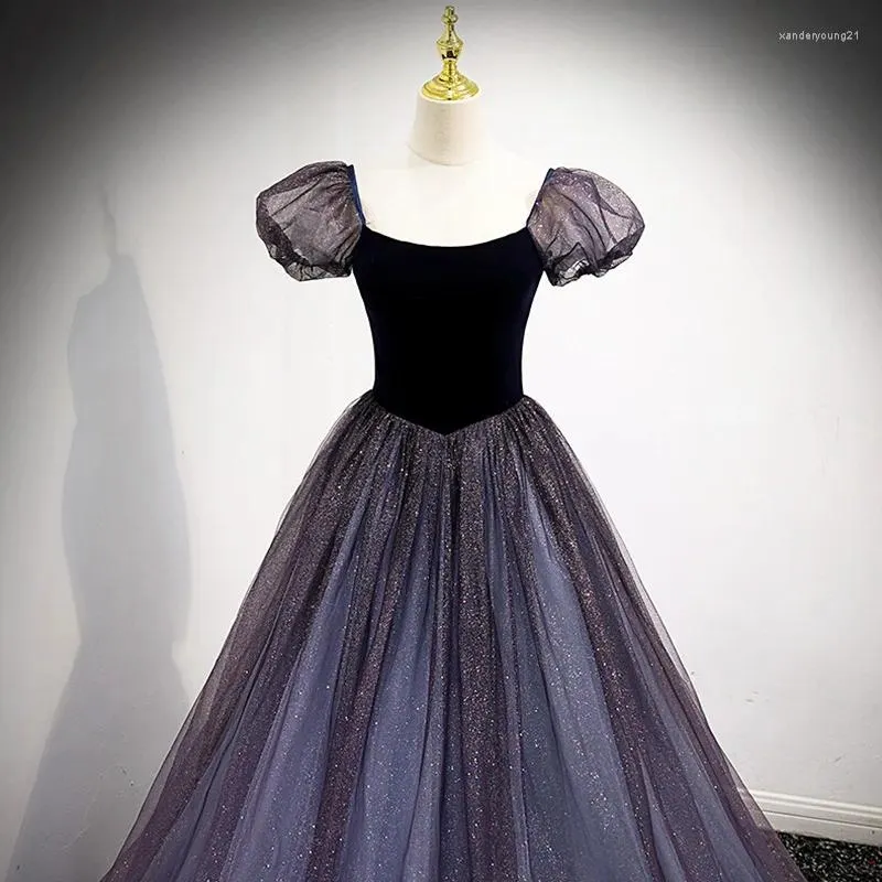Purple Tulle Short Sleeve Formal Dress, Cute A-Line Evening Dress Y4291
