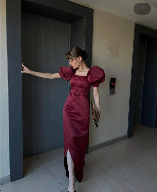 Vintage Puff Sleeves Sheath Prom Dress,Elegant Prom Gown Y5659