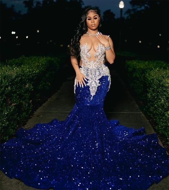 Royal Blue Sequins Mermaid Evening Dress With Sheer Neck Plus Size