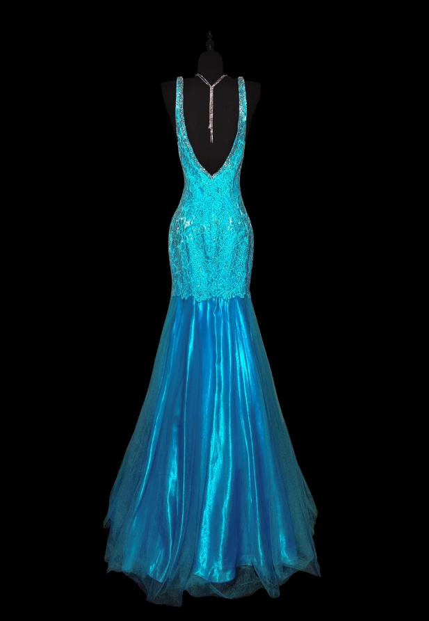 Charming Blue V Neck Lace Satin Beaded Mermaid Party Dress Long Prom Dresses SP441