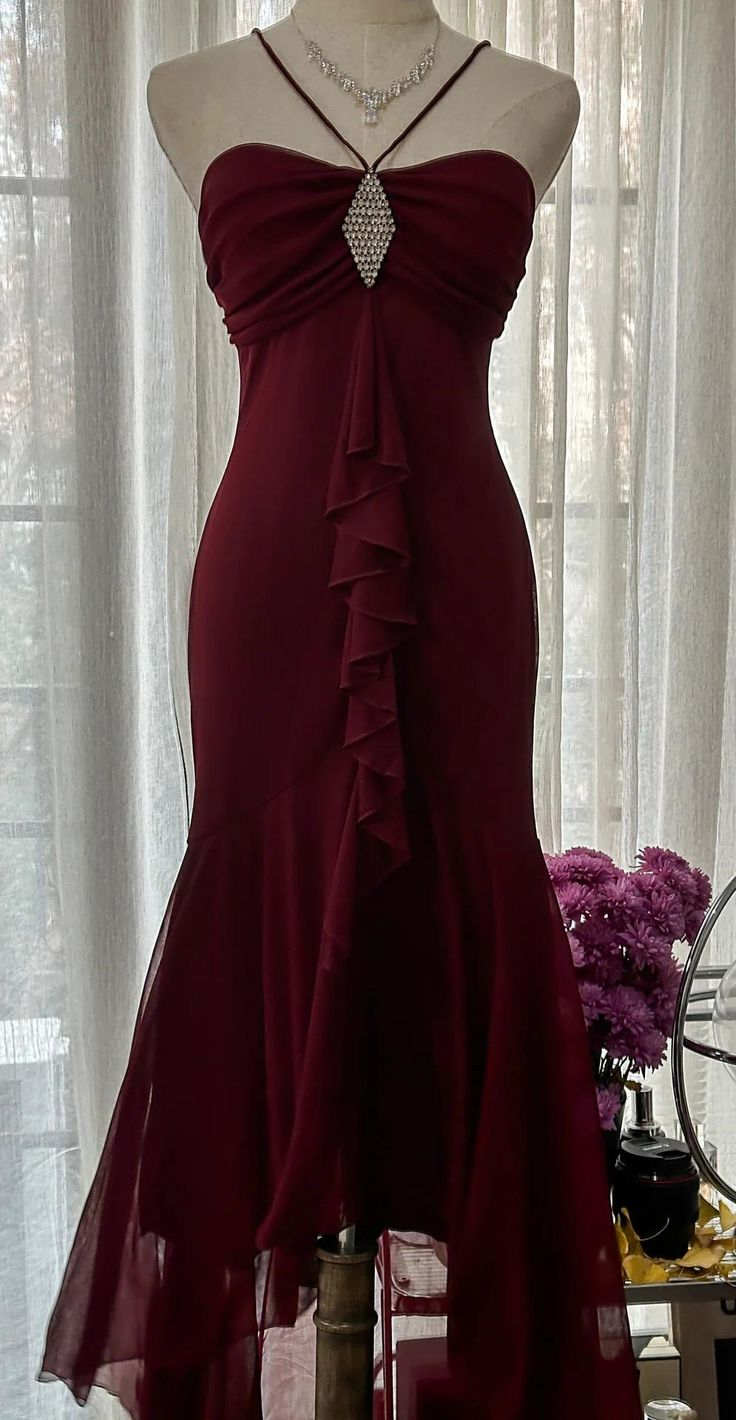 Sexy Burgundy Mermaid Chiffon Prom Dress Strapless Graduation Party Dress Y8783