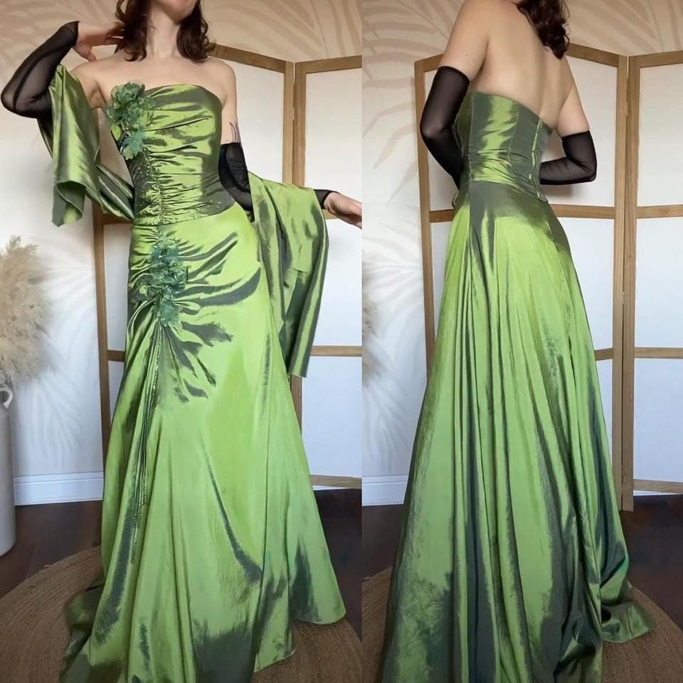 Vintage Green Spaghetti Straps Satin Mermaid Long Party Dress Prom Dress With Gloves SP1310