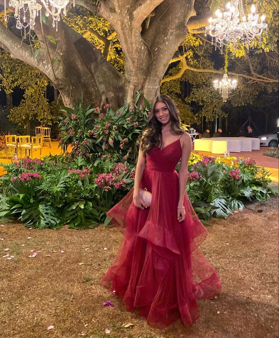 Elegant Burgundy A-line Ruffle Evening Dress Y5878