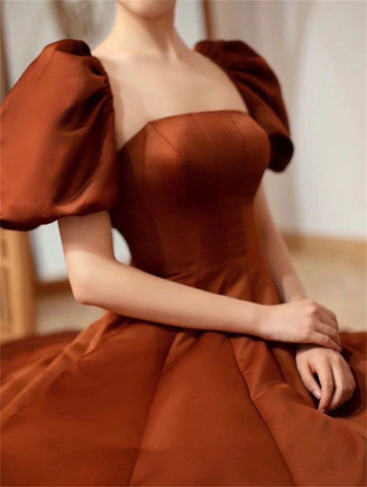 Coffee satin prom dress long Short puffy sleeve ball gown Square neck Fairy formal dress Y4962