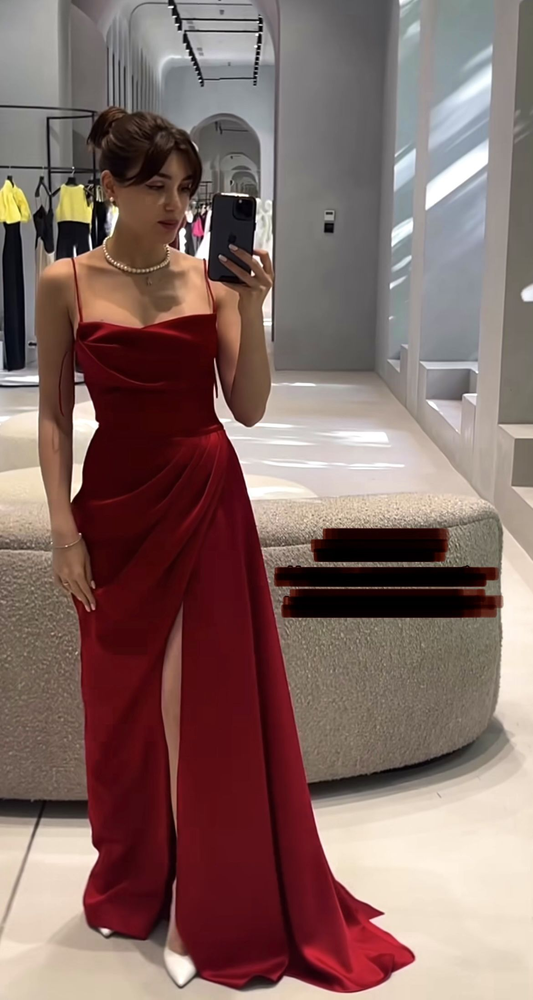Classy Dark Burgundy Spaghetti Straps Long Evening Dress with Split Y4691
