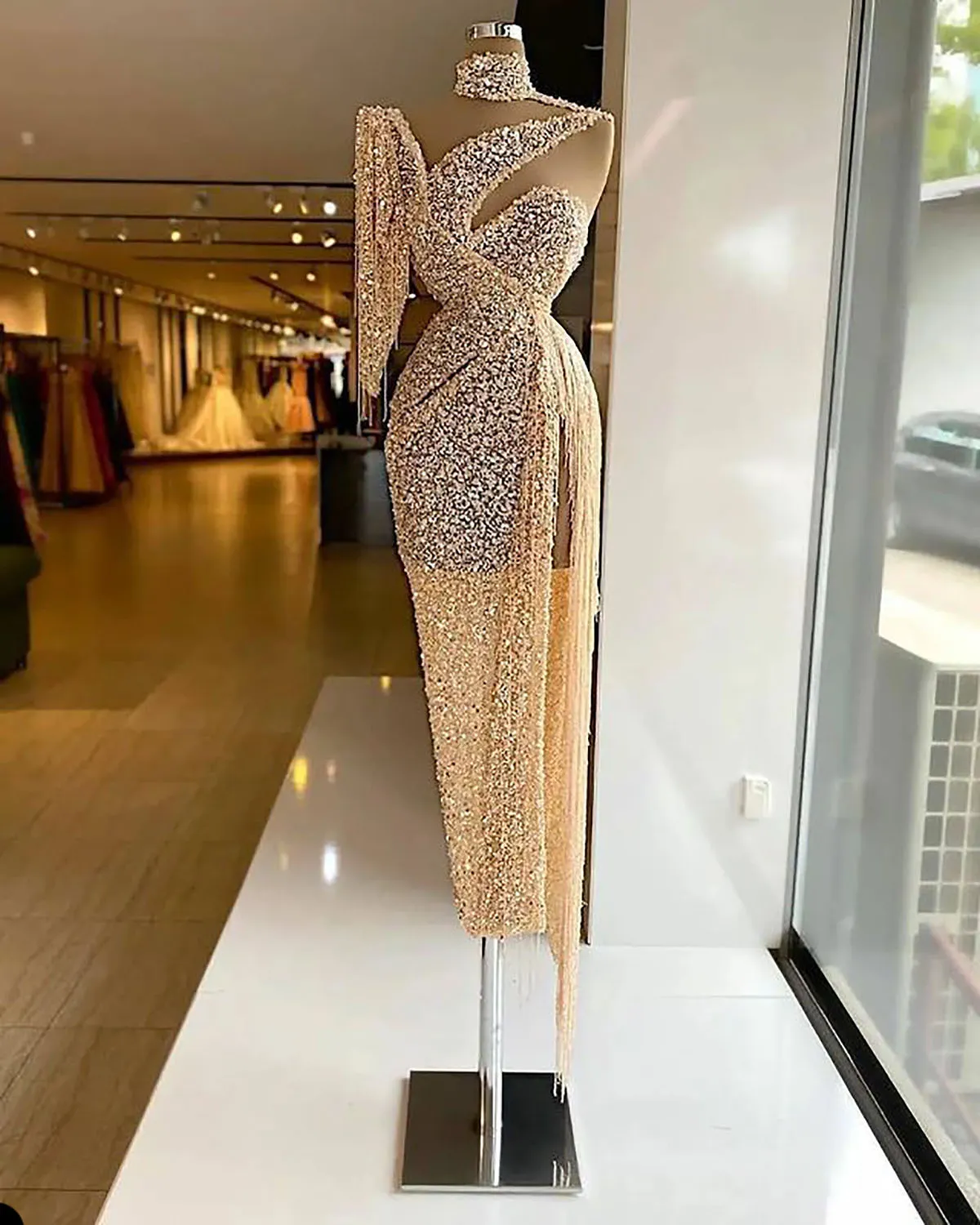 Sparkly Sequin Evening Dress Side Slit Prom Dress One Shoulder Tassels Custom Made Y6411