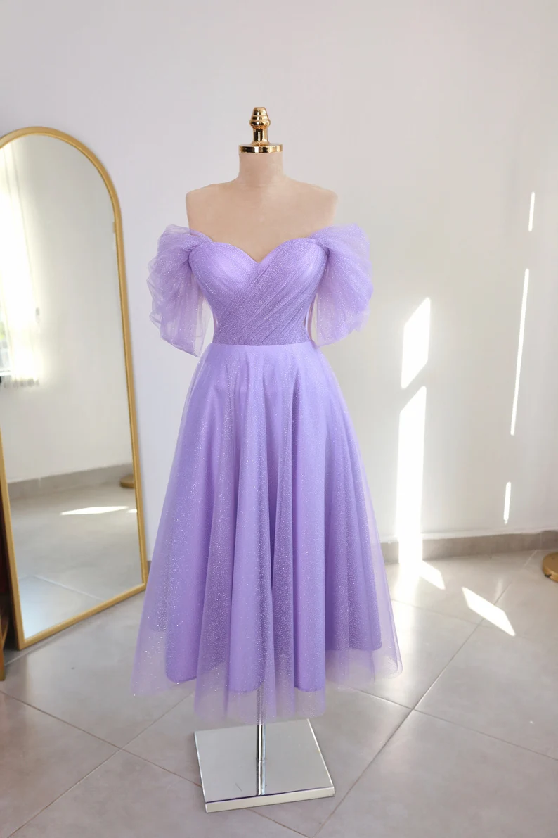 Lilac Glittered Tulle Midi-length Prom Dress, Engagement Dress, Promis Simplepromdress Lilac Glittered Tulle Midi-length Prom Dress, Engagement Dress, Promis Simplepromdress
