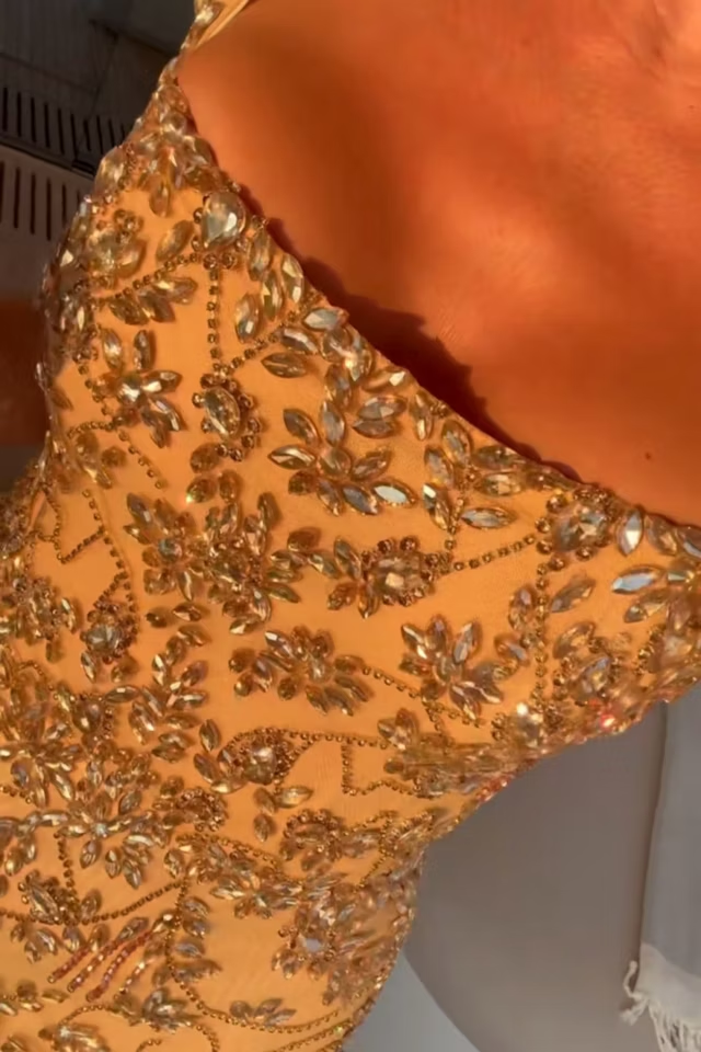 Gorgeous Square Neck Champagne Tulle Beaded Slit Sheath Cocktail Dress Formal Homecoming Dress Y9518