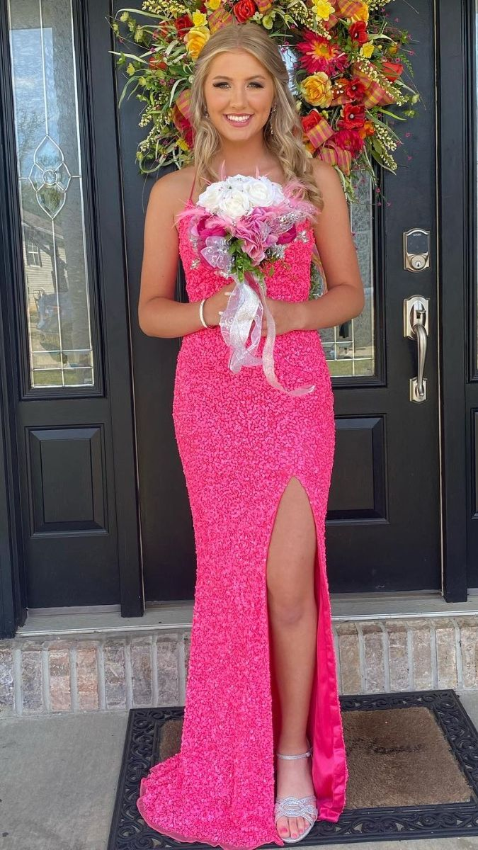 Elegant Pink Sequins Prom Dress With Split,Pink Party Dress Y5334