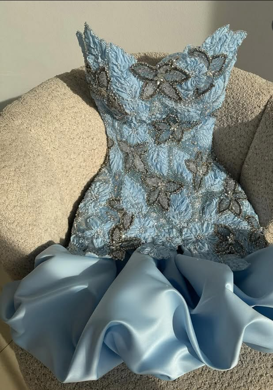 Gorgeous Blue Strapless Satin Floral Beaded Sheath Short Homecoming Dress Birthday Outfits SP2491