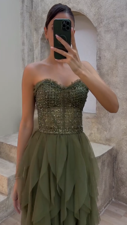 Gorgeous Green Tulle Beaded Long A Line Evening Dress,Strapless Prom Dress Y8197
