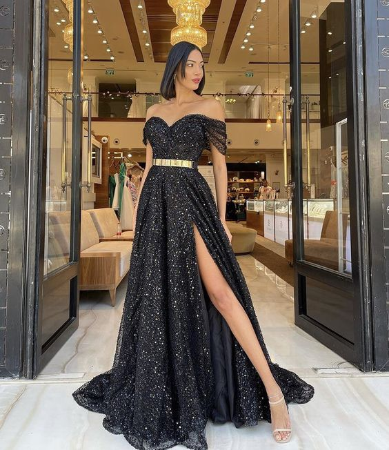 Elegant Black Off The Shoulder Prom Dress With Split Y5998