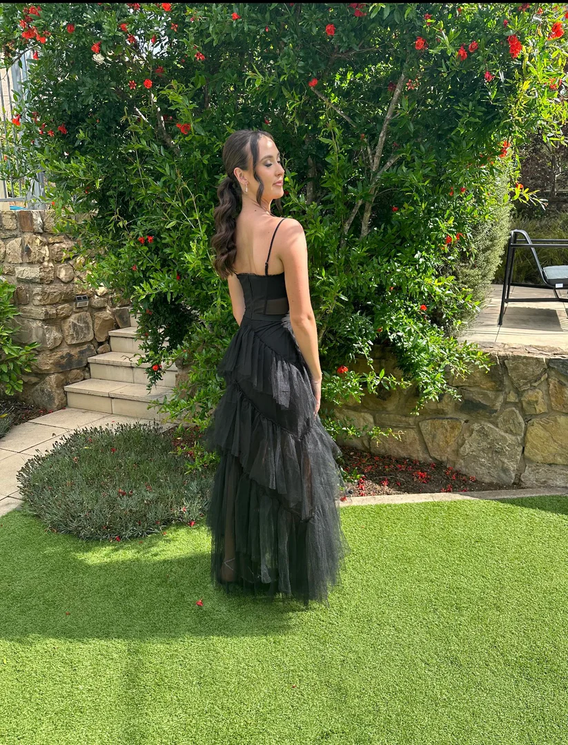 Elegant A-line Layered Tulle Black Prom Dress,Sheer Corset Long Evening Dress,Graduation Dress Y653