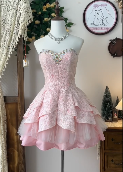 Classy Pink Satin Lace Beaded Birthday Outfits Strapless A Line Homecoming Dress Cocktail Dress Y8969