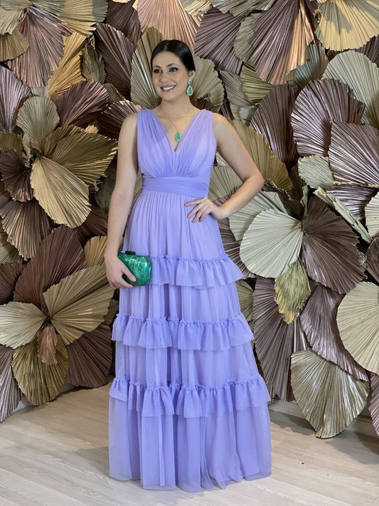 Lavender A-line V Neck Evening Dress,Wedding Guest Dress Y5283
