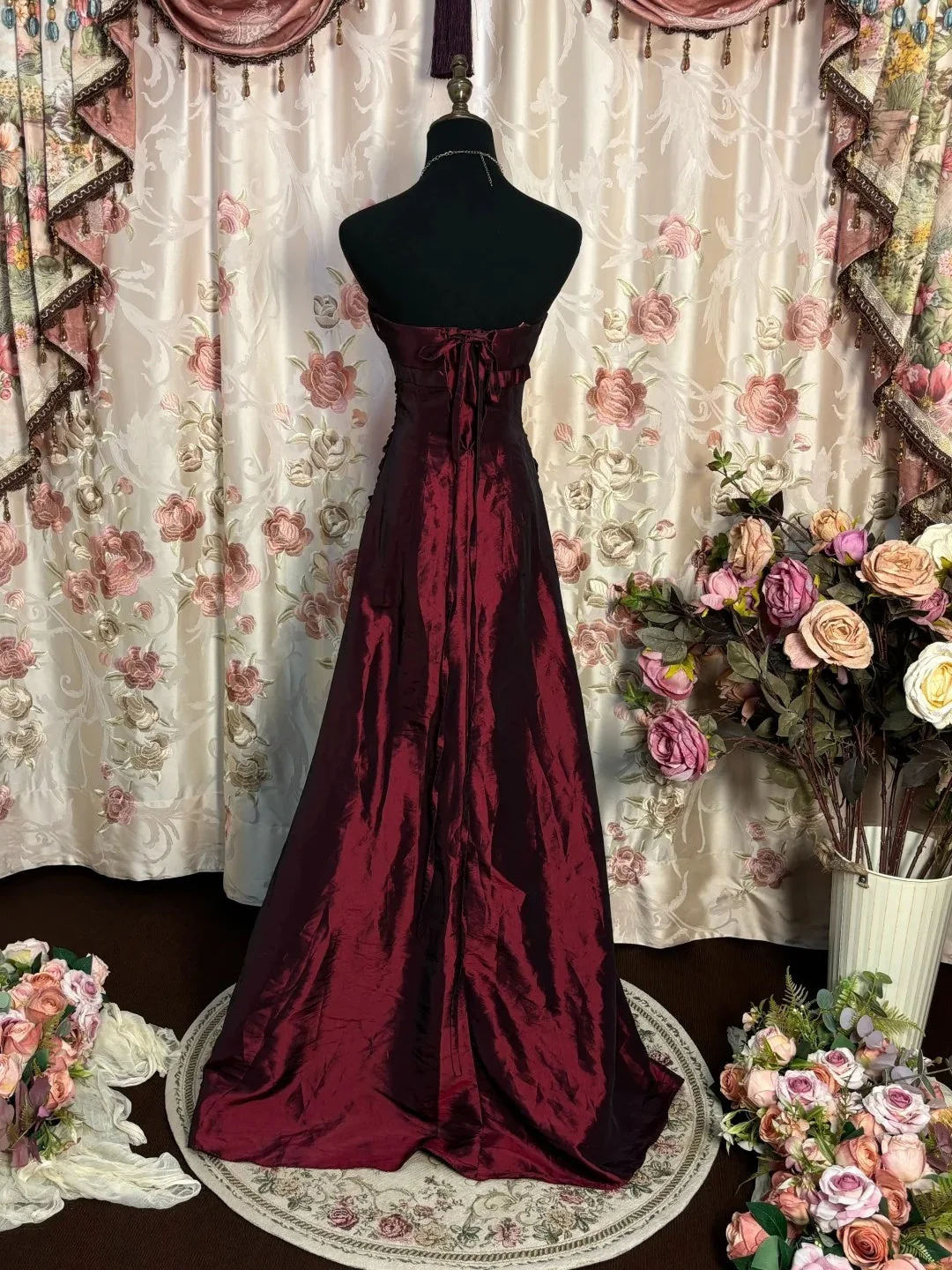 Charming Strapless Burgundy Satin Pleated Mermaid Long Wedding Guest Dress Formal Birthday Party Dress SP1380