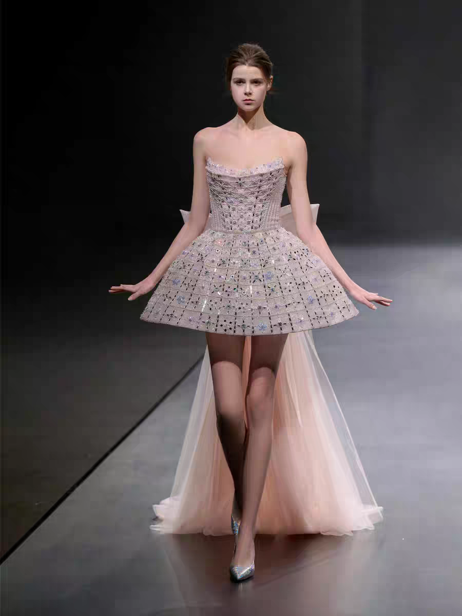 Pretty Strapless Pink Tulle Beaded Mini Birthday Dress Short Homecoming Dress With Bow Y9317