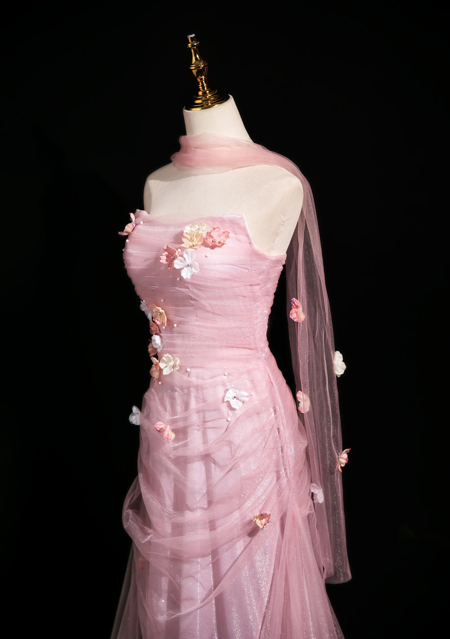 Pretty Pink Tulle Appliques Wedding Dress,Strapless Mermaid Party Evening Dress Y8714