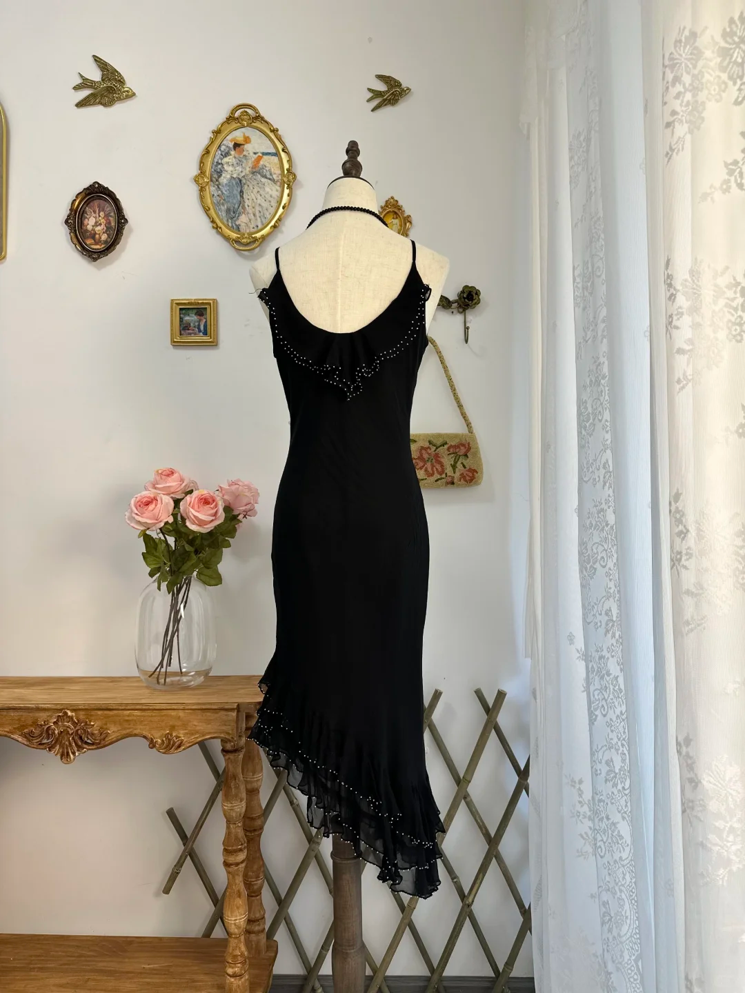 Elegant Spaghetti Straps Black Chiffon Beaded Appliques Sheath Long Party Dress Evening Gown Y9759