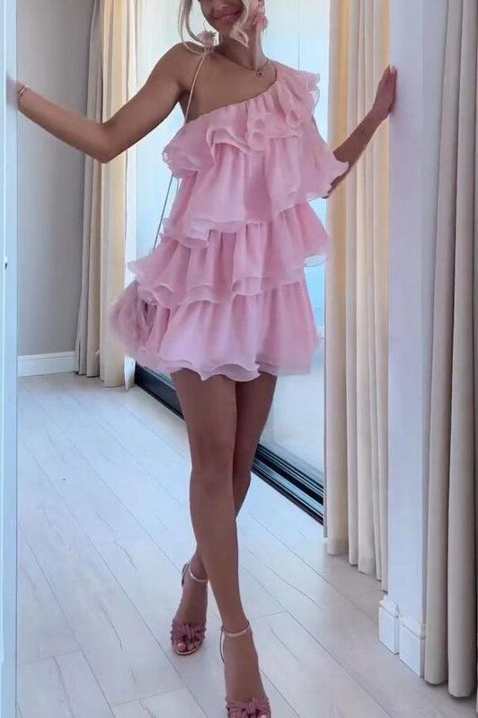 Classy One Shoulder Chiffon Layered Pink Birthday Outfits Homecoming Dress Y9842