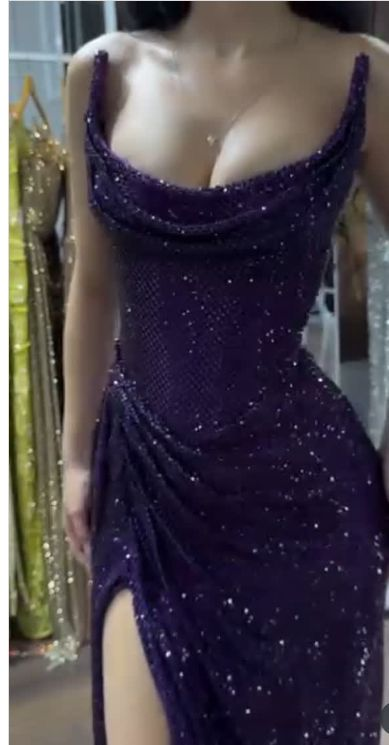 Sparkly Strapless Purple Sequin Mermaid Long Slit Party Dress Evening Dress Formal Prom Dress Y9500