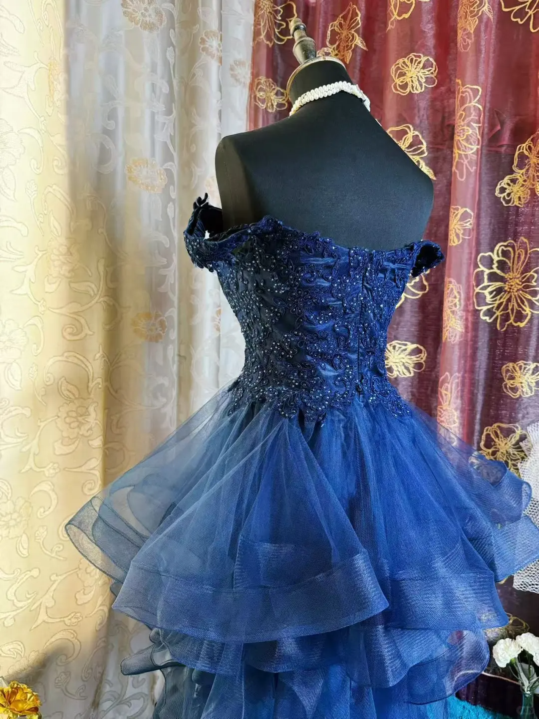 Vintage Off The Shoulder Navy Blue Tulle Appliques Short Homecoming Dress Birthday Outfits SP79