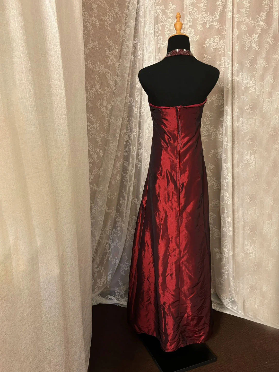 Vintage Burgundy Halter Beaded Satin Long Evening Dress Formal Birthday Prom Dress Wedding Guest Dress SP1391