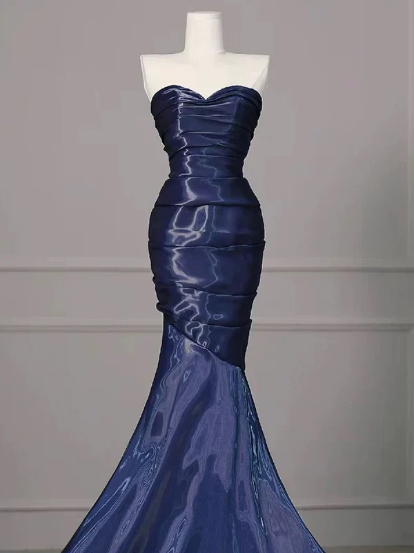 Gorgeous Nevy Blue Mermaid Strapless Pleated Long Prom Dress,Evening Dress Y7987