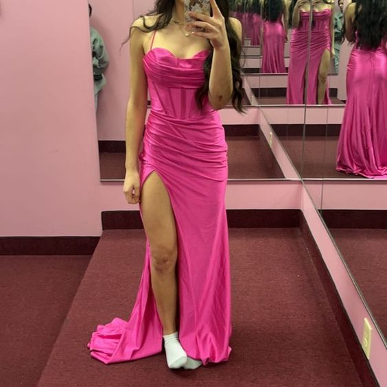 Hot pink spaghetti strap and corset prom dress Y4502 – Simplepromdress