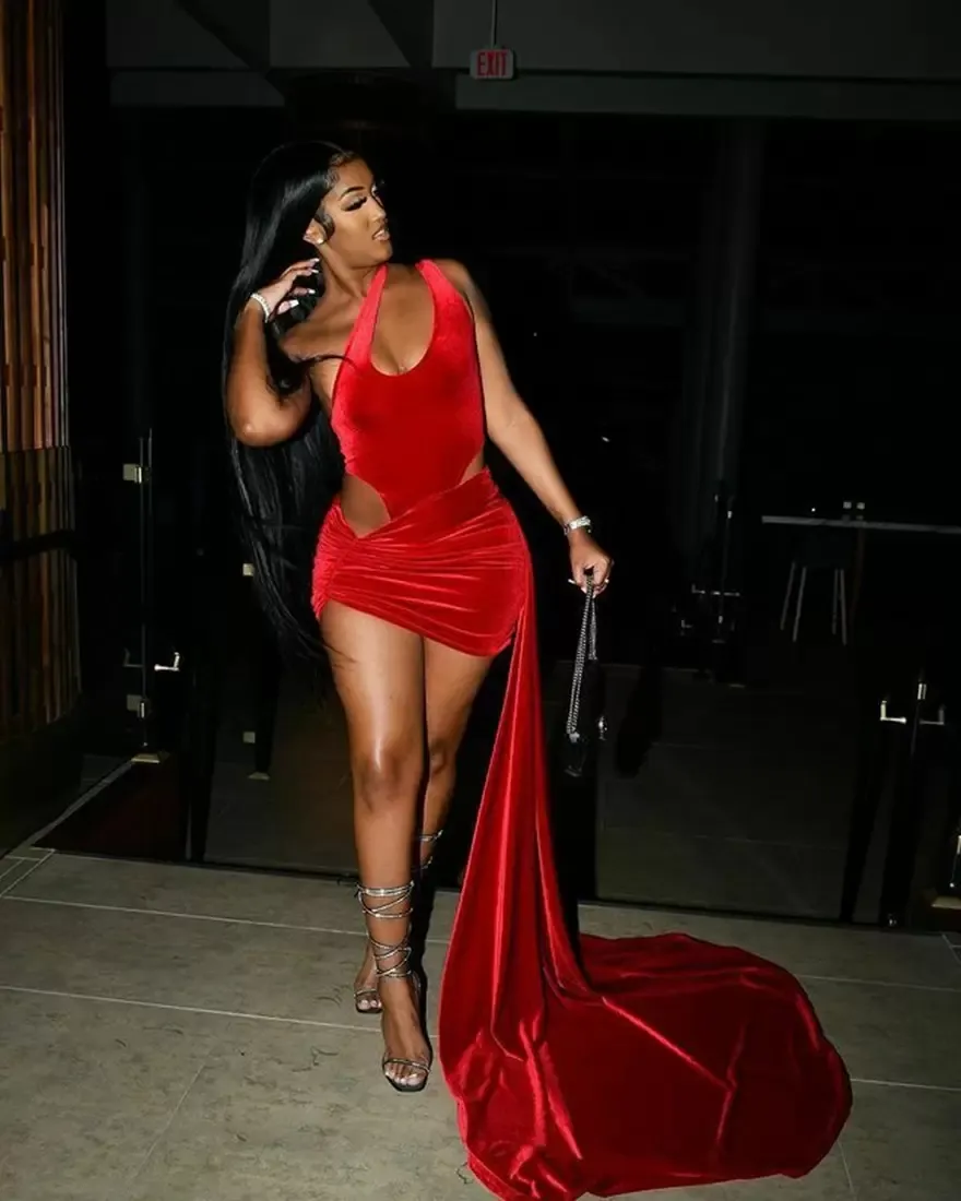 Sexy Red Velvet Party Dress Slit Black Girl Prom Dress Cocktail Dress Y8135