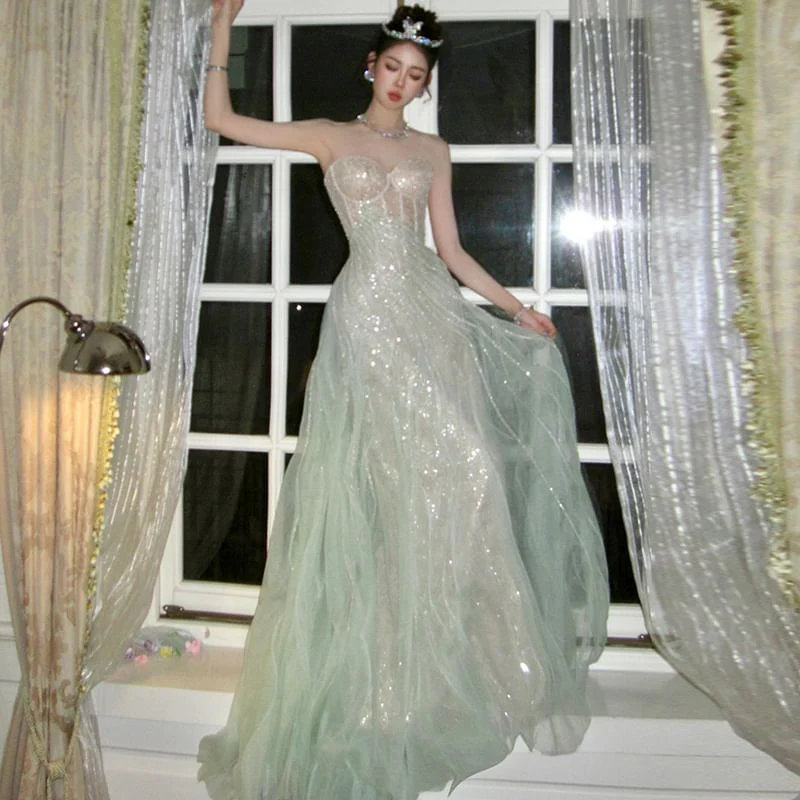 Gorgeous Strapless A Line Birthday Party Dress,Light Green Tulle Sequins Evening Dress Y8713