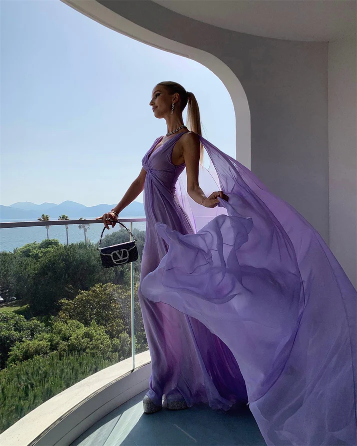 Simple Purple V Neck Tulle Prom Dress Long Evening Gown Y7774