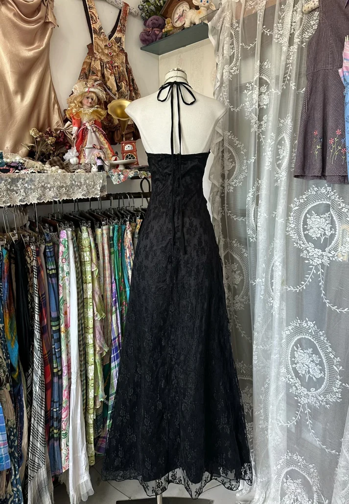 Vintage Black Mermaid Halter Long Lace Evening Dress Prom Dress Y8855