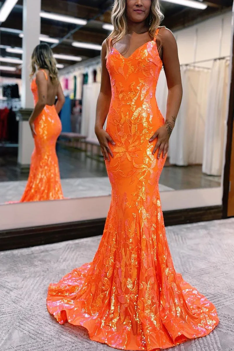 Orange Backless Prom Dress, Orange Mermaid Prom Gown Y2247