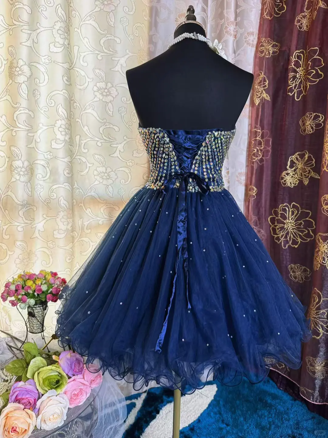Vintage Navy Blue Tulle Beaded A Line Short Homecoming Dress Sexy Cocktail Dress Y9494
