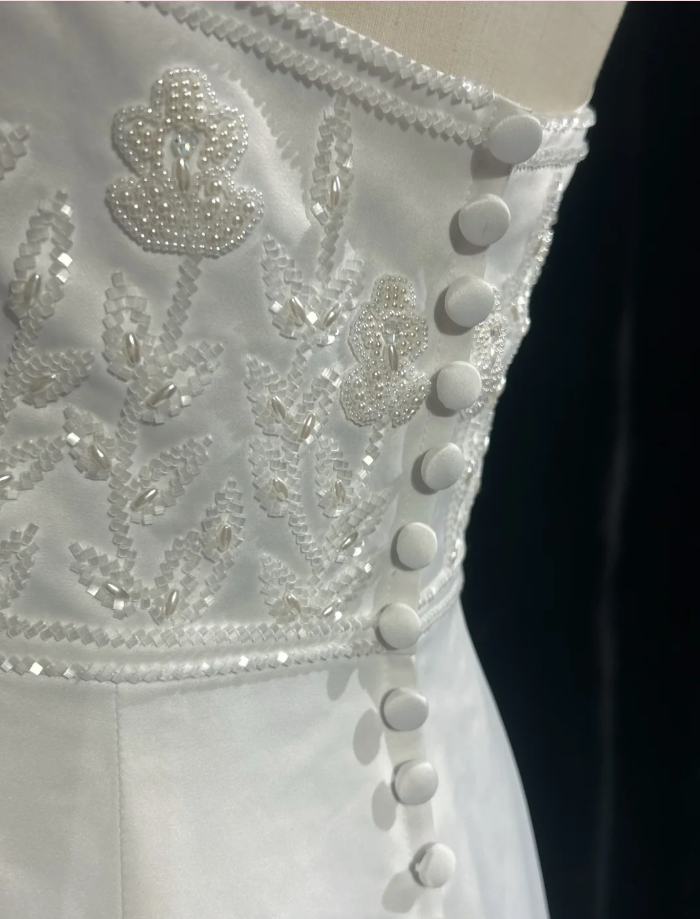 Charming Strapless Satin Beaded Mermaid Evening Dress White Long Birthday Dress SP1790