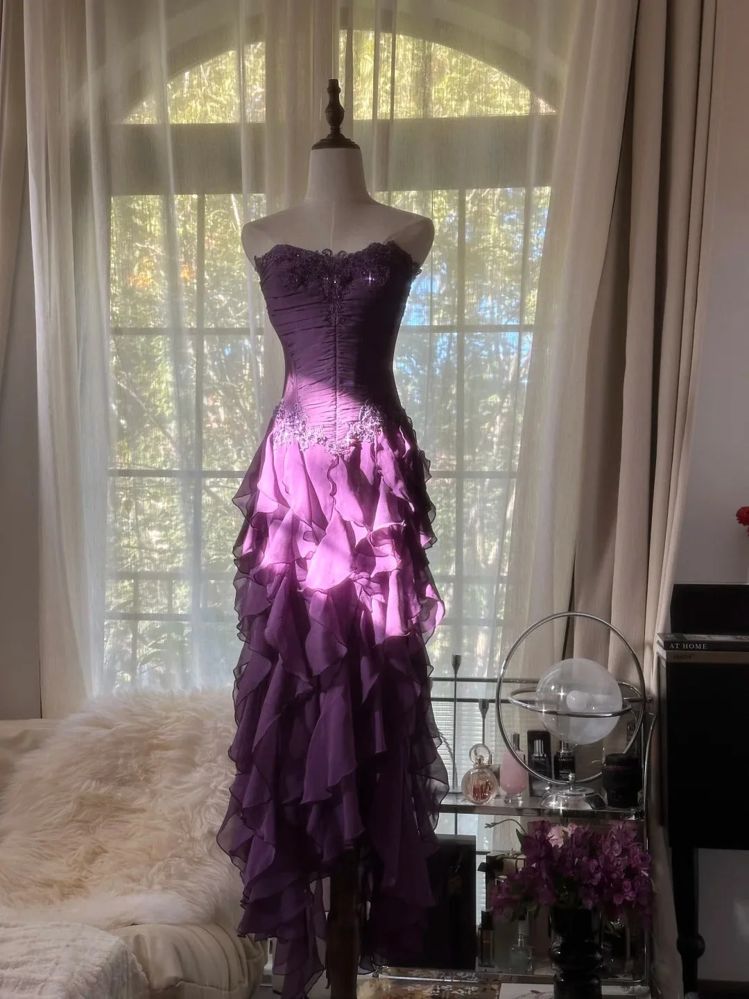 Pretty Purple Chiffon Evening Dresses, Vintage Appliques Tiered Ruffles Long Party Dress Y8697
