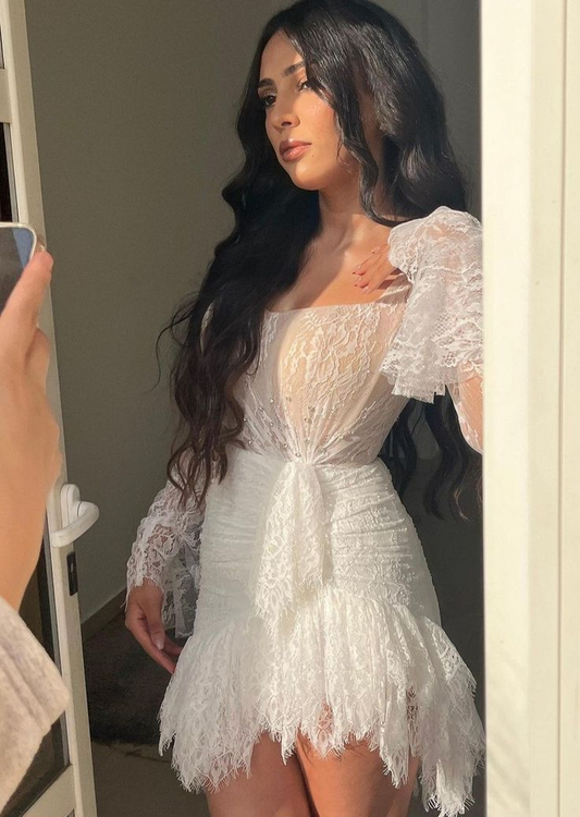 Classy White Lace Sheath Short Cocktail Dress Formal Homecoming Dress 21st Birthday Dress SP24