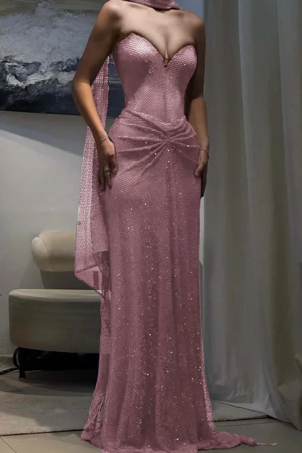 Elegant Royal Blue Tulle Sequin Strapless Mermaid Prom Dress Evening Gown With Ribbon Y9499