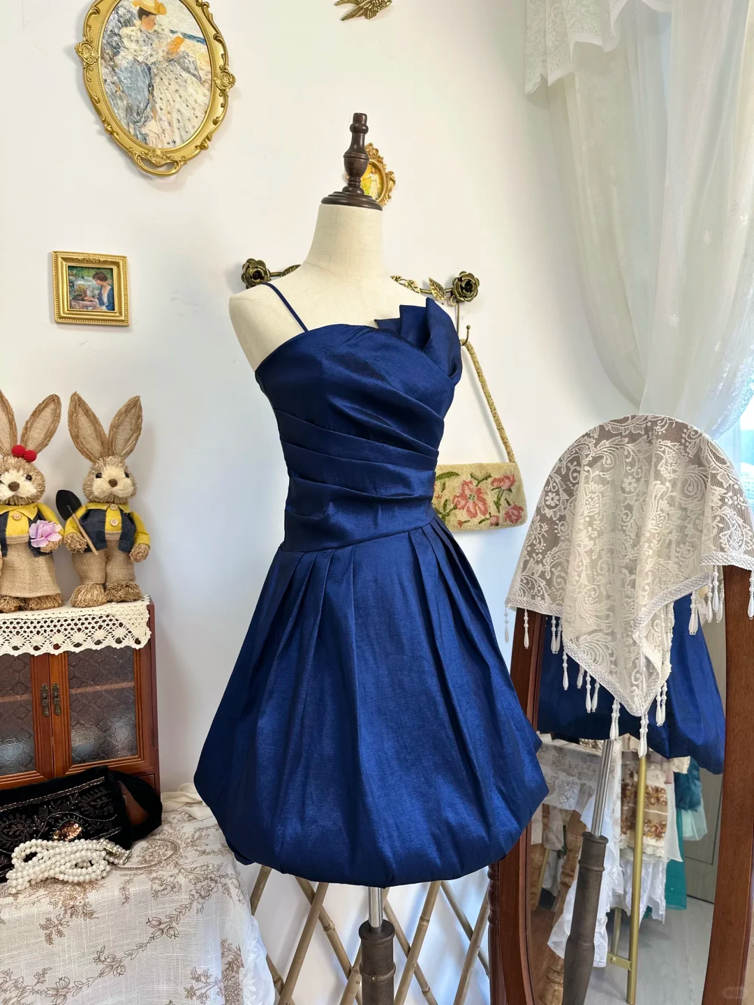 Elegant Spaghetti Straps Satin Pleated Blue Short Homecoming Dress Birthday Outfits Y9476