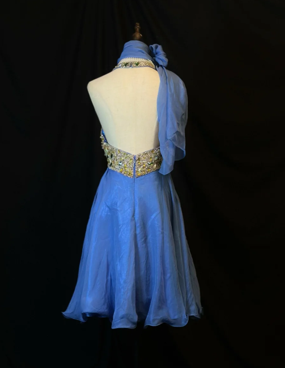 Vintage Blue Chiffon beaded Cocktail Dress Halter Short Backless Homecoming Dress Y8944