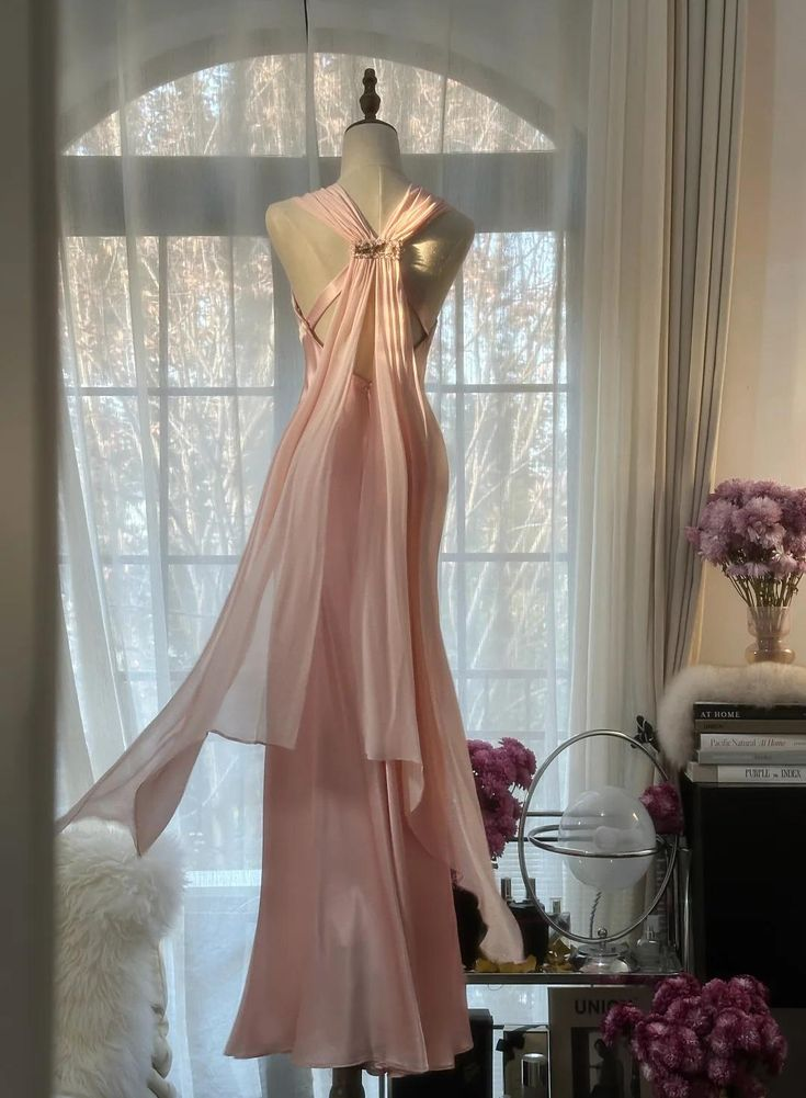 Simple Pink Deep V Satin Chiffon Backless Party Dress Evening Dress Y8742
