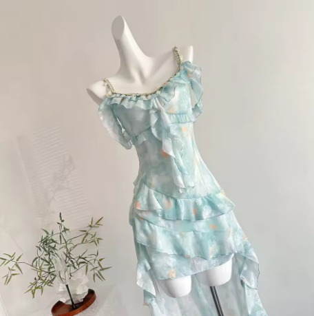 Vintage Chiffon Blue Mini Ruffle Party Dress Prom Gown Y8758