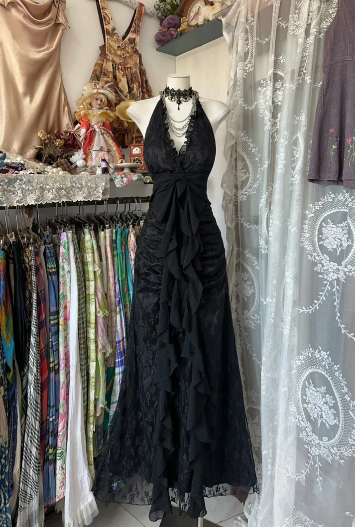 Vintage Black Mermaid Halter Long Lace Evening Dress Prom Dress Y8855